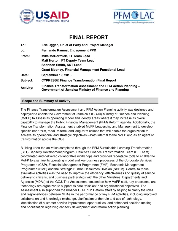 Finance Transformation Assessment and PFM Action Planning – Government of Jamaica Ministry of Finance and Planning CYPRESS Final Report