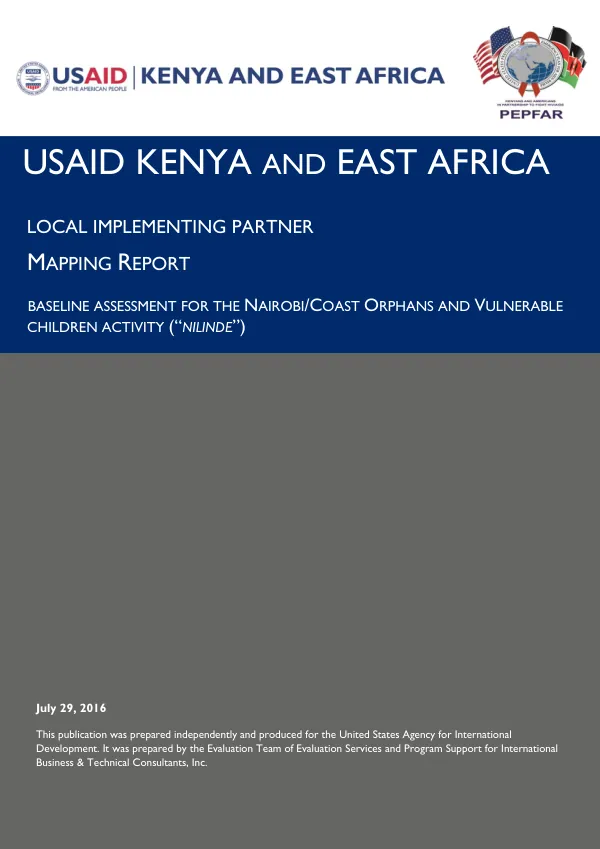 Baseline Assessment for the Nairobi/Coast Orphans and Vulnerable Children Activity (“Nilinde”) - Mapping Report