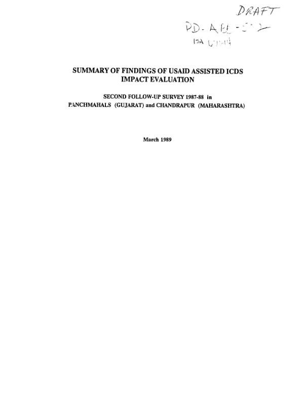Summary of findings of USAID assisted ICDS impact evaluation : second follow-up survey 1987-88 in Panchmahals (Gujarat[, India]) and Chandrapur (Maharashtra)