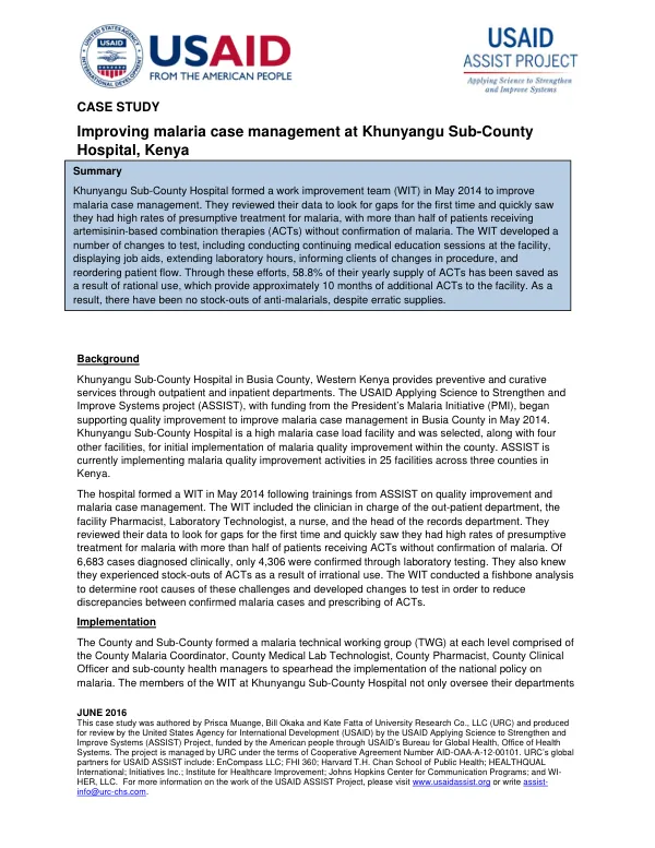 Improving malaria case management at Khunyangu Sub-County Hospital, Kenya