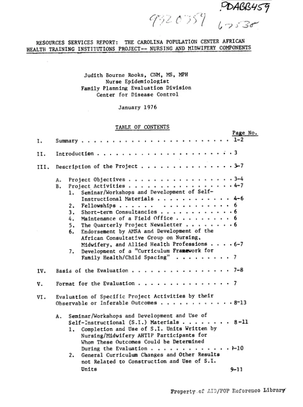 Resources services report : the Carolina Population Center African Health Training Institutions project -- nursing and midwifery components