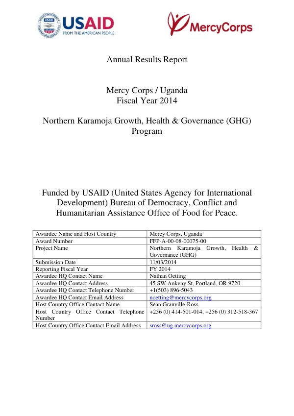 Annual results report, Mercy Corps Uganda fiscal year 2014 : Northern Karamoja growth, health & governance (GHG) program