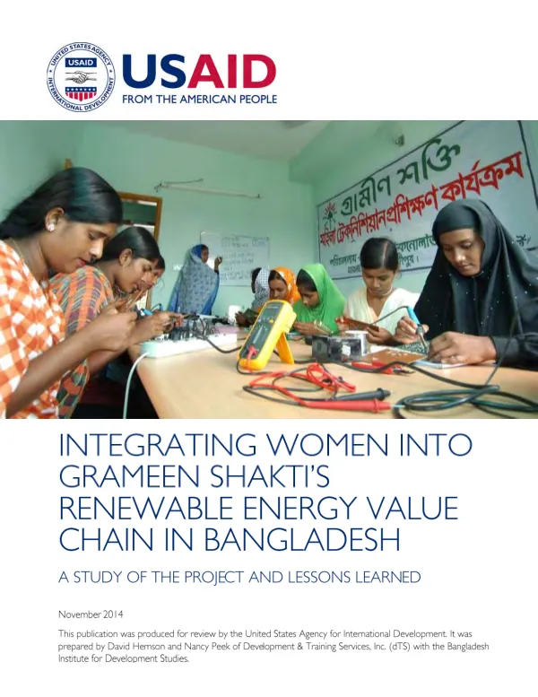 Integrating women into Grameen Shakti"s renewable energy value chain in Bangladesh : a study of the project and lessons learned