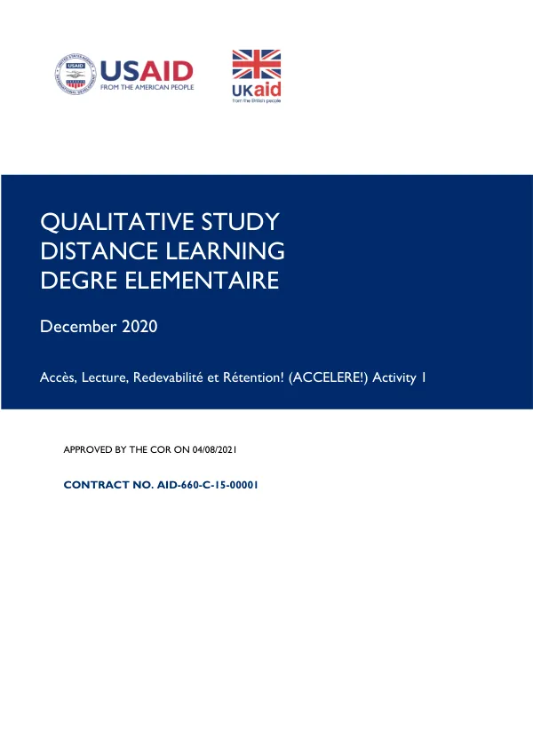 Qualitative study distance learning degre elementaire : acces, lecture, redevabilite et retention! (ACCELERE!) activity 1 [French executive summary included]