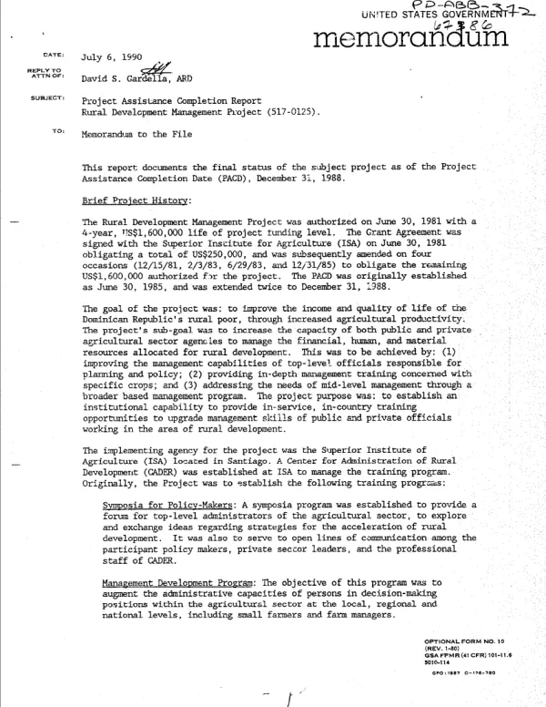 Project assistance completion report : rural development management project (517-0125)
