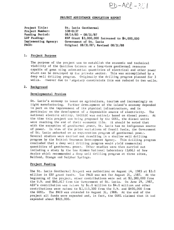 Project assistance completion report[: St. Lucia geothermal]