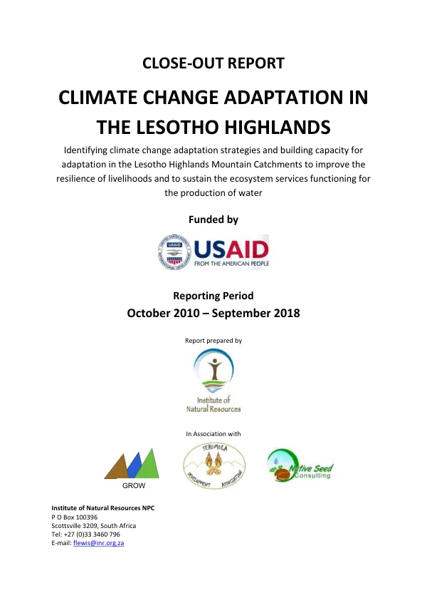 Close-out report : climate change adaptation in the Lesotho Highlands, reporting period October 2010 - September 2018