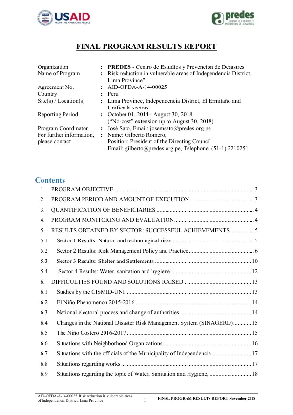 [Risk reduction in vulnerable areas of Independencia District, Lima Province] : final program results report