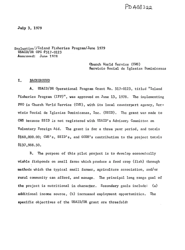 Evaluation/inland fisheries program/June 1979, USAID/DR OPG no. 517-0123