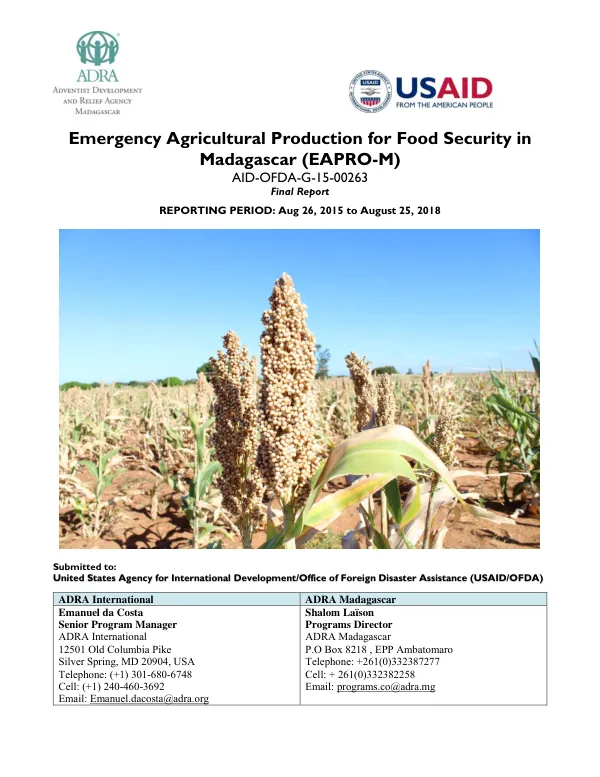 Emergency agricultural production for food security in Madagascar (EAPRO-M) : final report, reporting period : Aug 26, 2015 to August 25, 2018