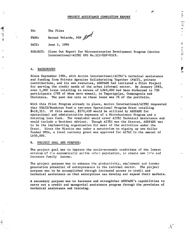 Project assistance completion report [: close out report for microenterprise development program (Accion International - AITEC) OPG no. 522-ESF-0319]