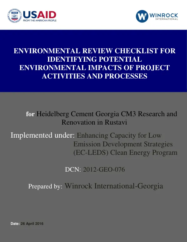 ENVIRONMENTAL REVIEW CHECKLIST FOR IDENTIFYING POTENTIAL ENVIRONMENTAL IMPACTS OF PROJECT ACTIVITIES AND PROCESSES