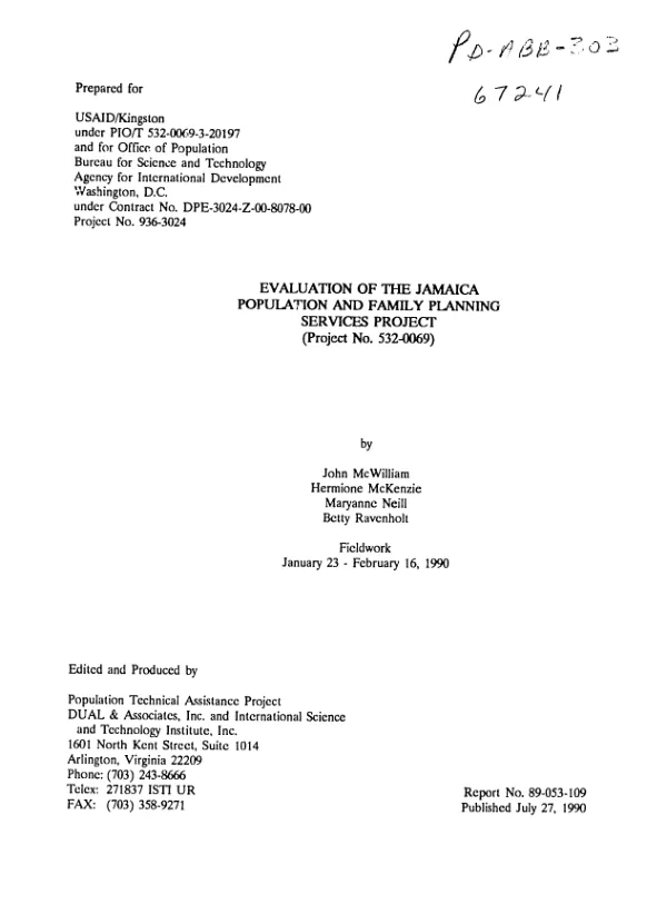 Evaluation of the Jamaica population and family planning services project (project no. 532-0069)
