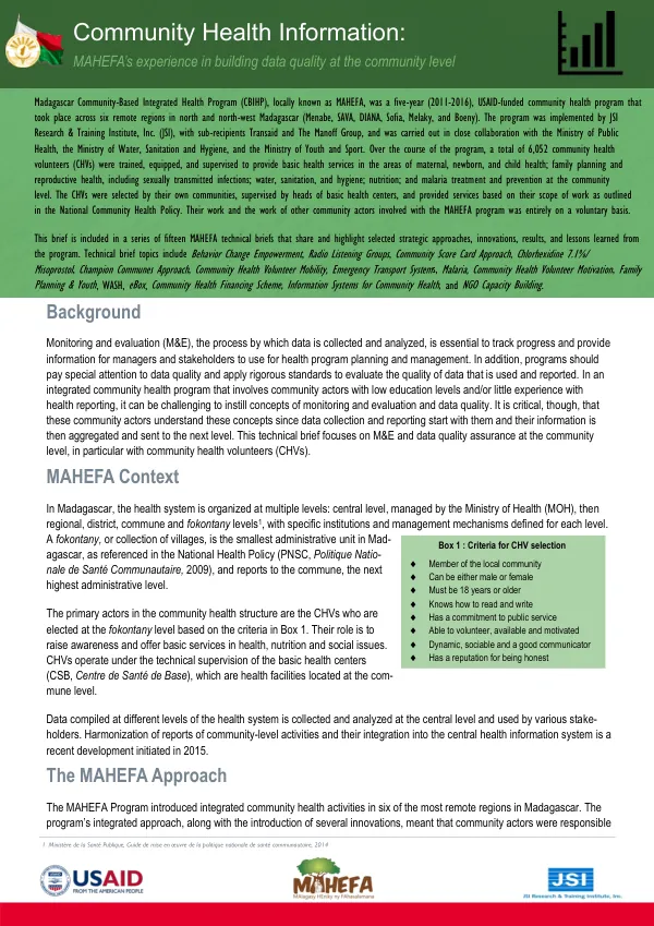 Community Health Information: MAHEFA"s experience in building data quality at the community level