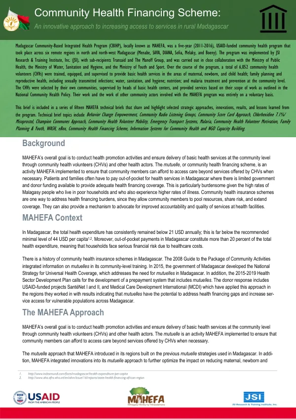 Community Health Financing Scheme: An innovative approach to increasing access to services in rural Madagascar