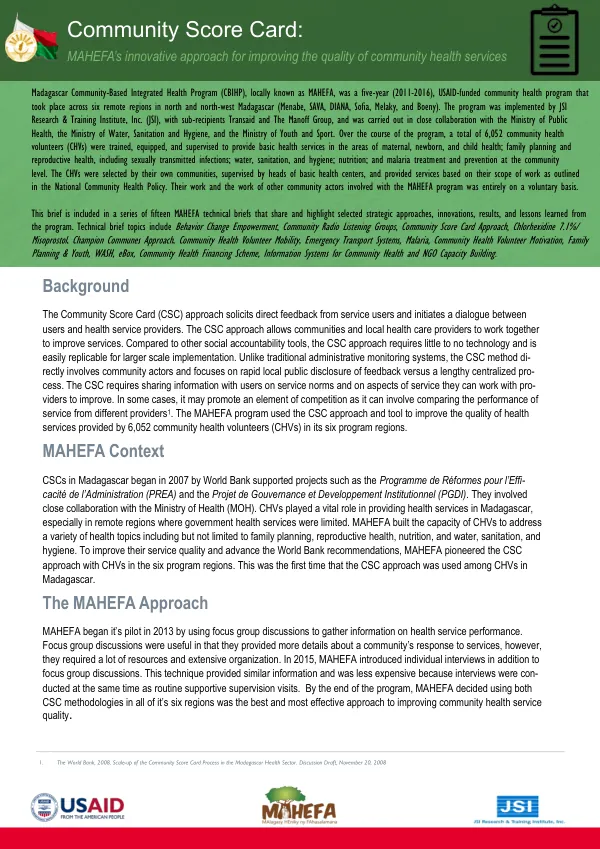 Community Score Card: MAHEFA’s innovative approach for improving the quality of community health services