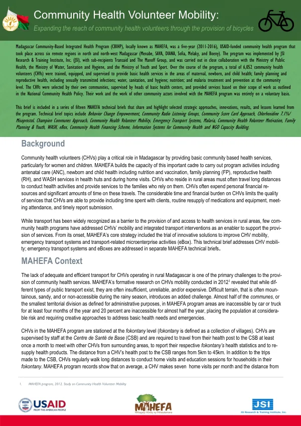 Community Health Volunteer Mobility: Expanding the reach of community health volunteers through the provision of bicycles