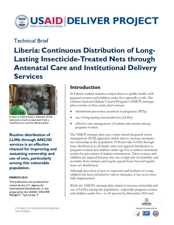 Liberia: Continuous Distribution of Long-Lasting Insecticide-Treated Nets through Antenatal Care and Institutional Delivery Services