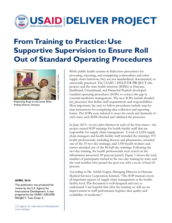 From Training to Practice: Use Supportive Supervision to Ensure Roll Out of Standard Operating Procedures