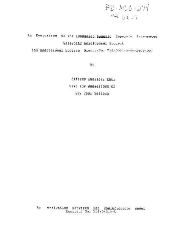 Evaluation of the Fundacion Eugenio Espejo's integrated community development project (an operational program grant -- no. 518-0021-G-00-2409-00)