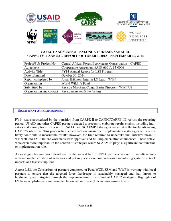 CAFEC landscape 8 – Salonga-Lukenie-Sankuru, CAFEC FY14 annual report : October 1, 2013 – September 30, 2014