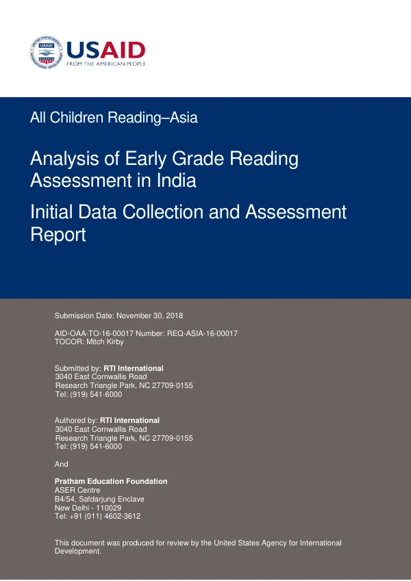 All children reading - Asia : analysis of early grade reading assessment in India : initial data collection and assessment report