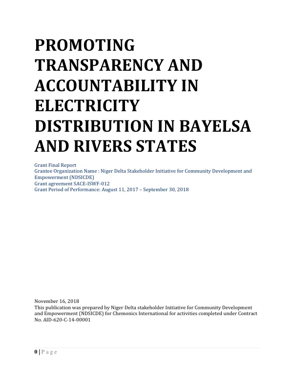 Promoting transparency and accountability in electricity distribution in Bayelsa and Rivers States : grant final report