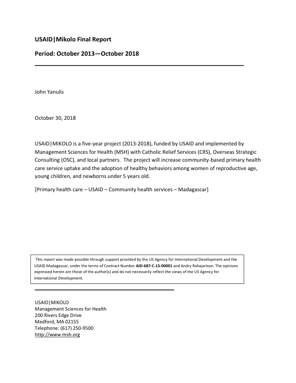 The USAID mikolo project : final report, October 2013 - October 2018