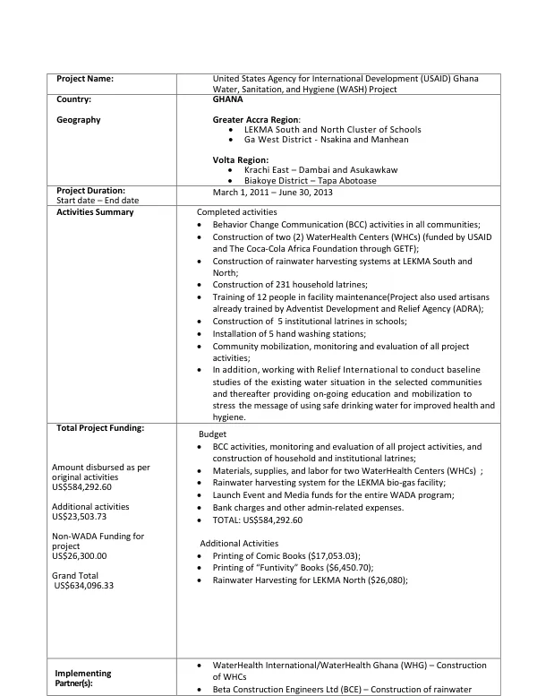 United States Agency for International Development (USAID) Ghana water, sanitation, and hygiene (WASH) project close out report
