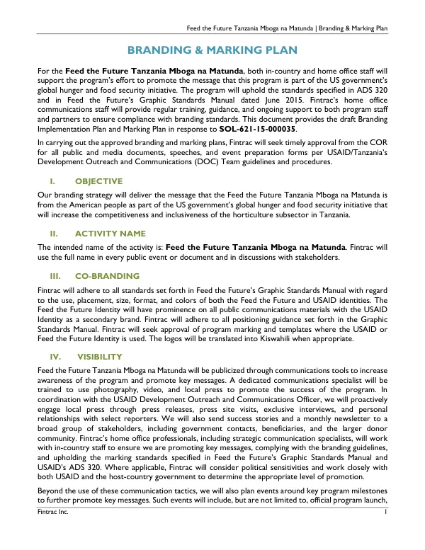 Branding & Marking Plan - Feed the Future Tanzania Mboga na Matunda