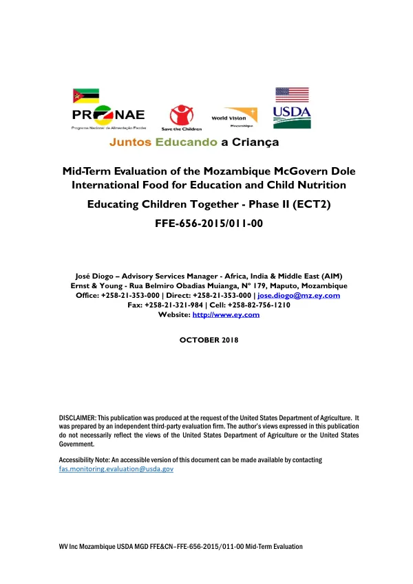[USDA] Mid-term evaluation of the Mozambique McGovern Dole international food for education and child nutrition educating children together - phase II (ECT2)