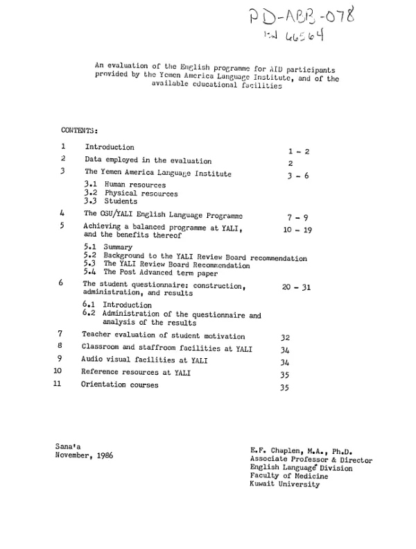 Evaluation of the English programme for AID participants provided by the Yemen America Language Institute, and of the available educational facilities