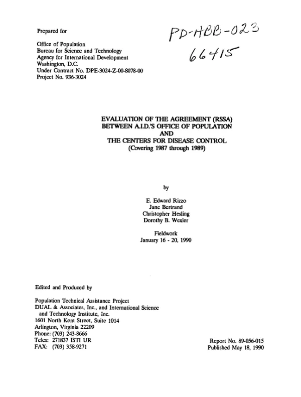Evaluation of the agreement (RSSA) between AID's Office of Population and the Centers for Disease Control (covering 1987 through 1989)