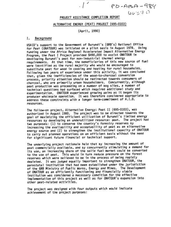 Project assistance completion report : alternative energy (peat) project (695-0103)