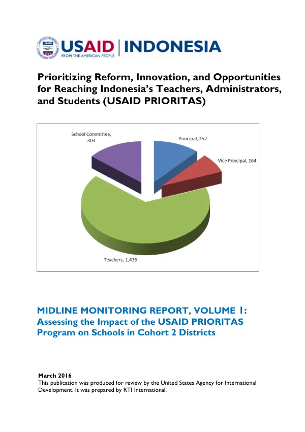 Prioritizing reform, innovation, and opportunities for reaching Indonesia"s teachers, administrators, and students (USAID PRIORITAS) Midline monitoring report, Volume 1: assessing the impact of the USAID PRIORITAS program on schools in cohort 2 districts