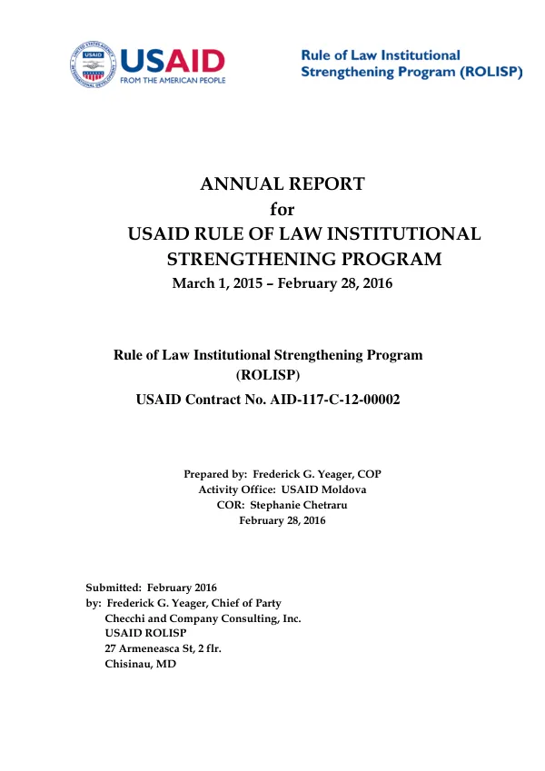 Annual Report for USAID Rule of Law institutional Strengthening Program: March 1, 2015 - February 28, 2016