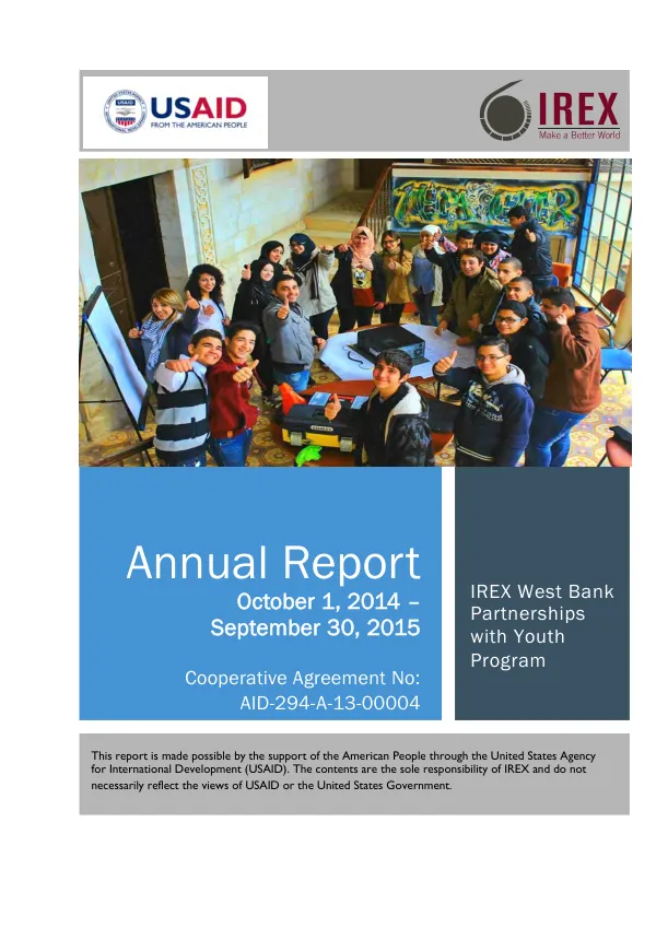 IREX West Bank partnerships with youth (PWY) program : annual report, October 1, 2014-September 30, 2015