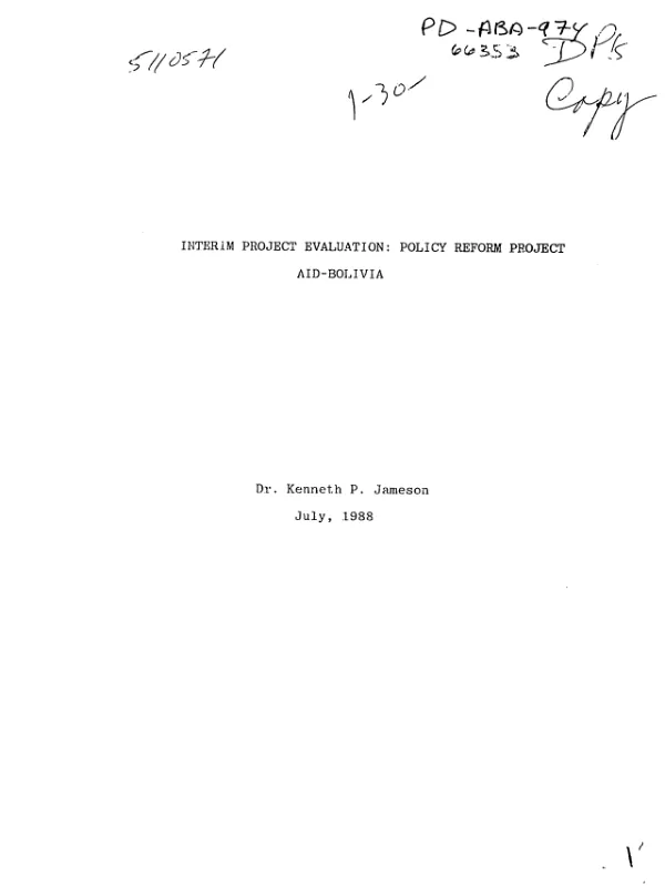 Interim project evaluation : policy reform project, AID - Bolivia