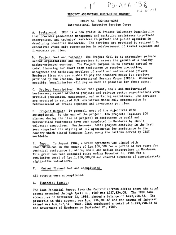 Project assistance completion report : grant no. 522-ESF-0258, International Executive Service Corps