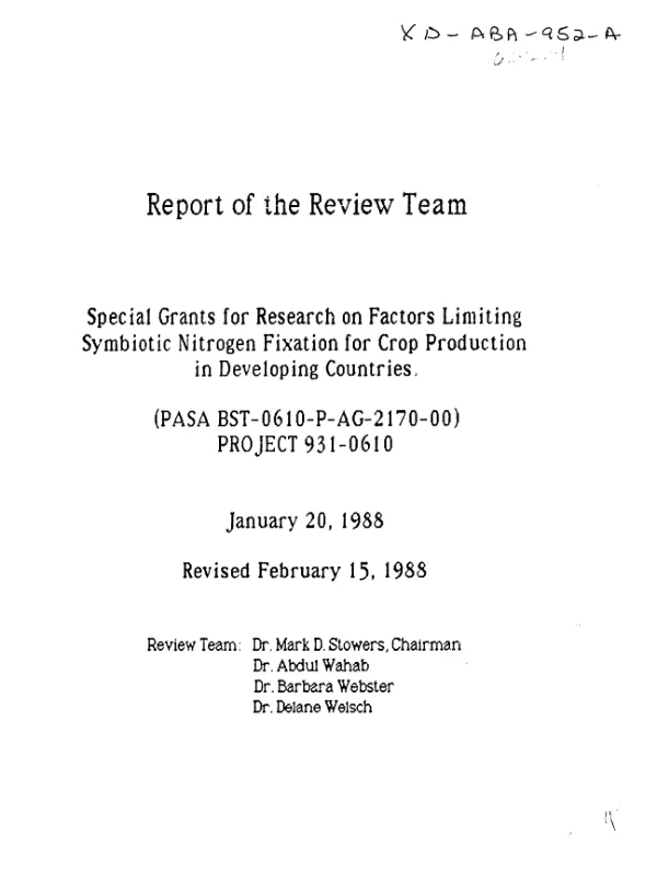 Report of the review team : special grants for research on factors limiting symbiotic nitrogen fixation for crop production in developing countries