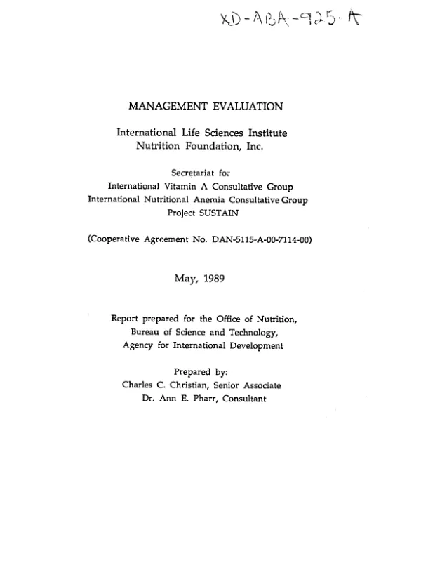 Management evaluation : International Life Sciences Institute, Nutrition Foundation, Inc.