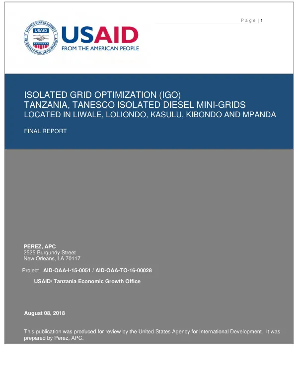 Isolated grid optimization (IGO) Tanzania, TANESCO isolated diesel min-grids located in Liwale, Loliondo, Kasalu, Kibondo and Mpanda : final report