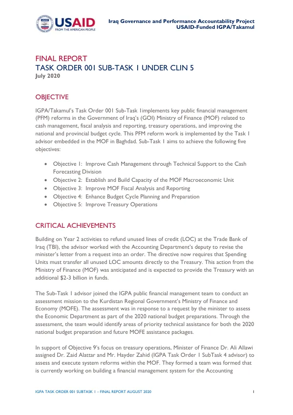 Final report : task order 001 sub-task 1 under clin 5 [Iraq governance & performance accountability project (IGPA/Takamul)]