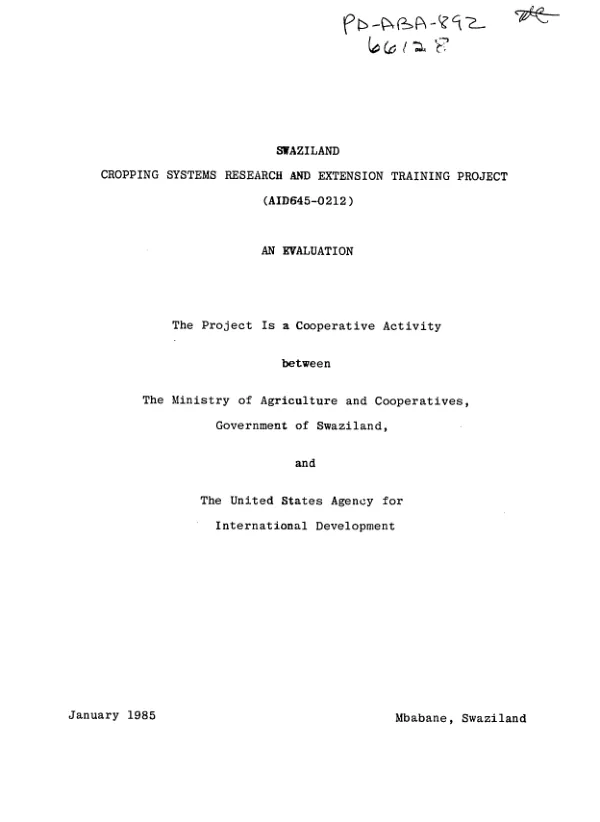 Swaziland cropping systems research and extension training project (AID 645-0212) : an evaluation