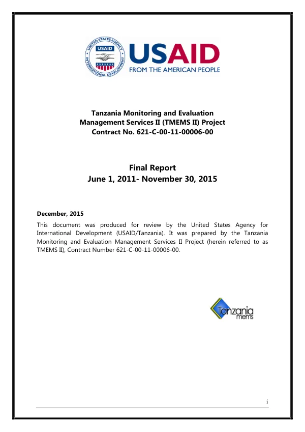 Tanzania monitoring and evaluation management services II (TMEMS II) project : final report : June 1, 2011-November 30, 2015