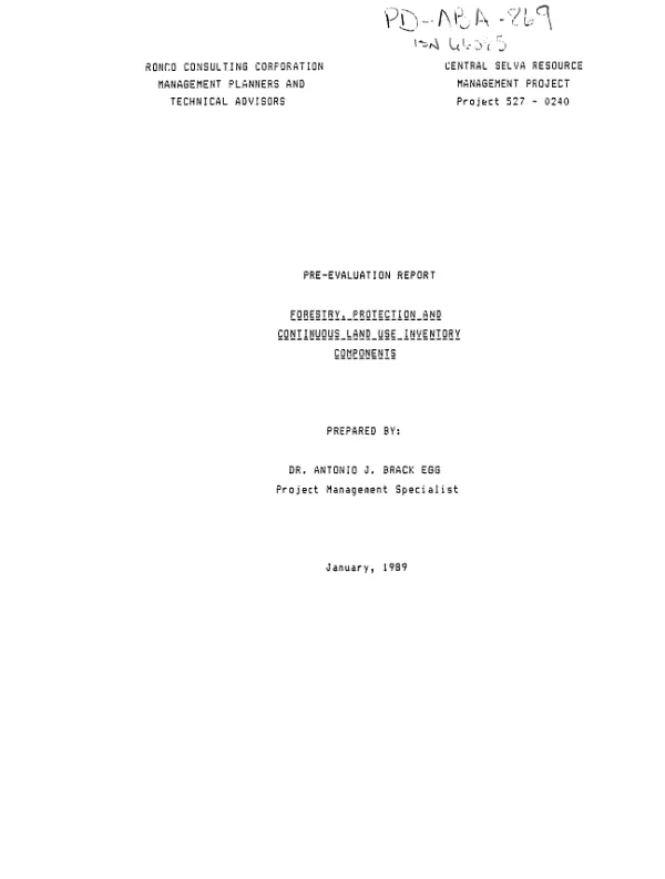Pre-evaluation report : forestry, protection and continuous land use inventory components