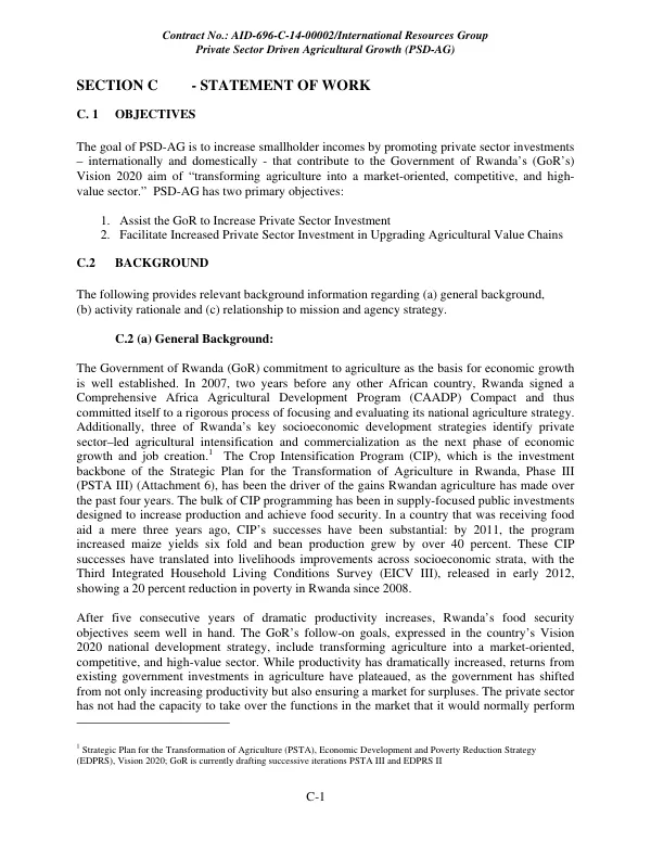 Section C statement of work contract no.: AID-696-C-14-00002 : International Resources Group : private sector driven agricultural growth (PSDAG)