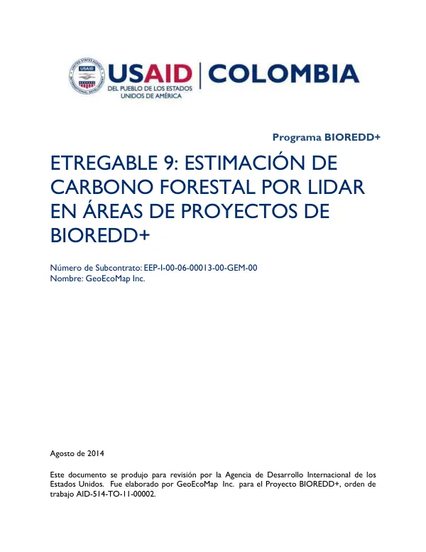Etregable 9 : estimacion de carbono forestal por lidar en areas de proyectos de BIOREDD+