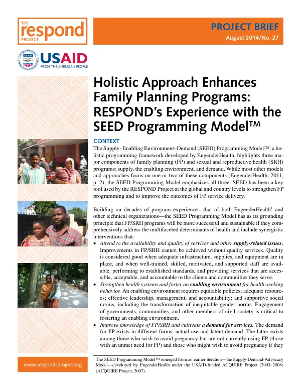 Holistic approach enhances family planning programs : RESPOND"s experience with the SEED programming model(TM)