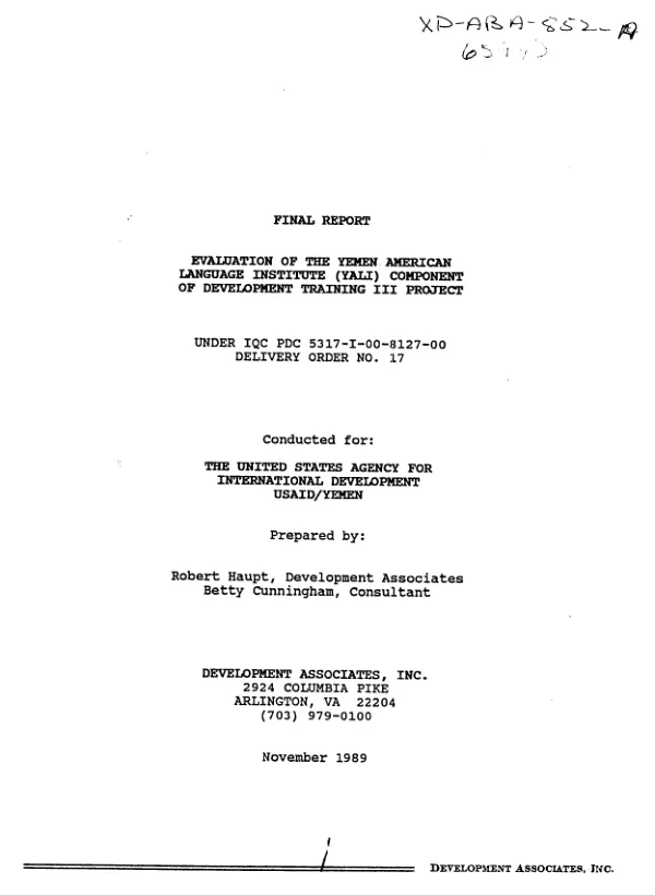 Final report : evaluation of the Yemen American Language Institute (YALI) component of development training III project